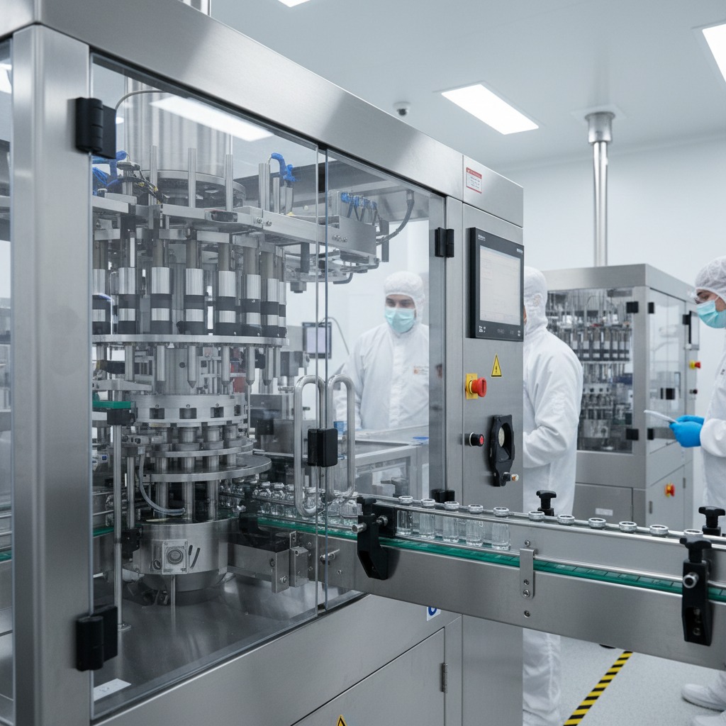 Operai in camice bianco e mascherina controllano il funzionamento di un macchinario farmaceutico in un impianto di produzione asettico.