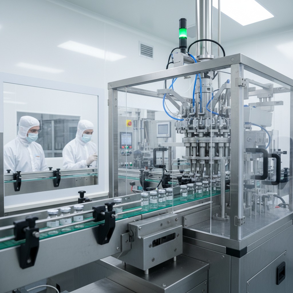 Un macchinario industriale confeziona flaconi di medicinali su un nastro trasportatore in una camera bianca, mentre due operatori in camice e mascherina controllano il processo sullo sfondo.